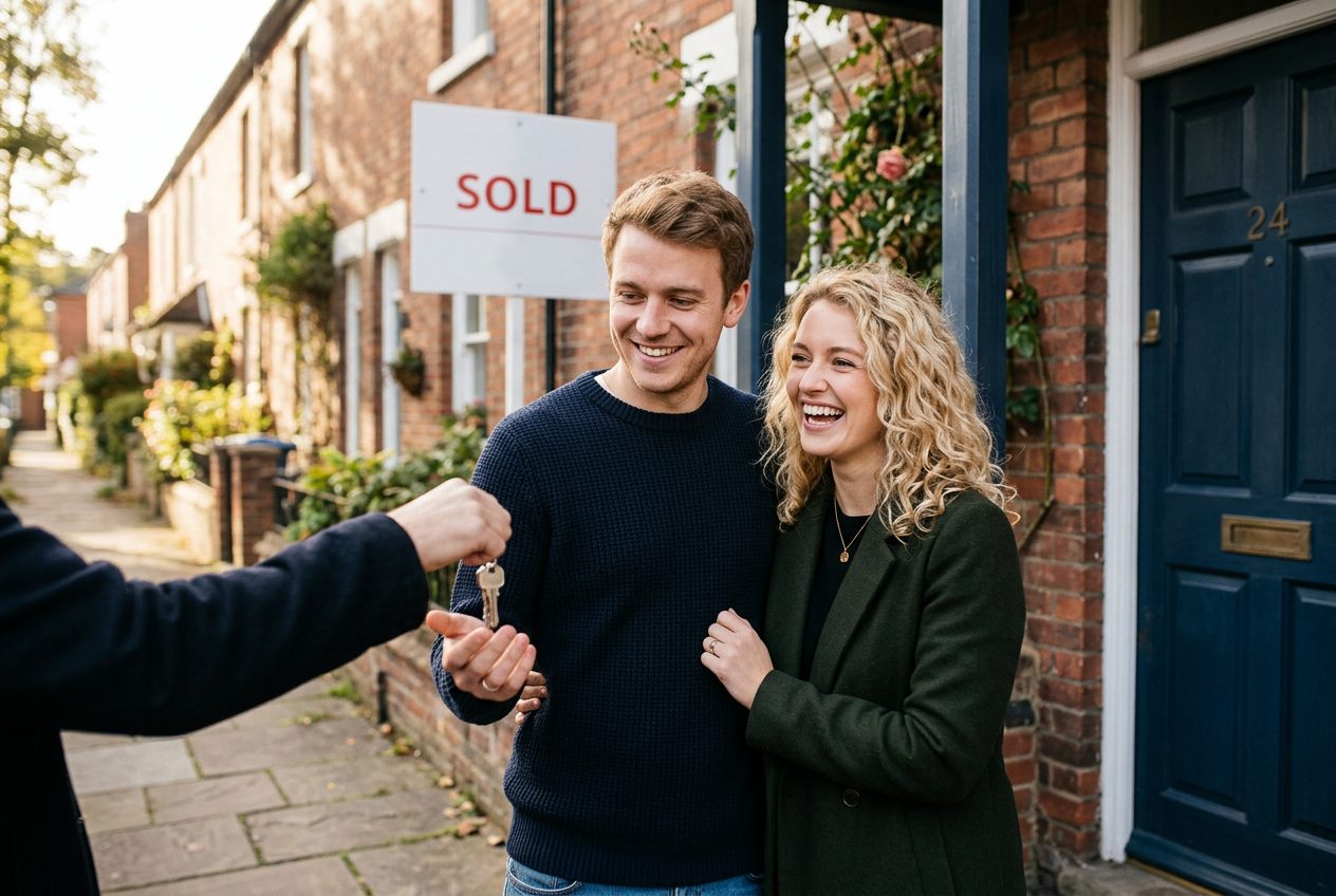 Couple receiving the keys to their new UK home
