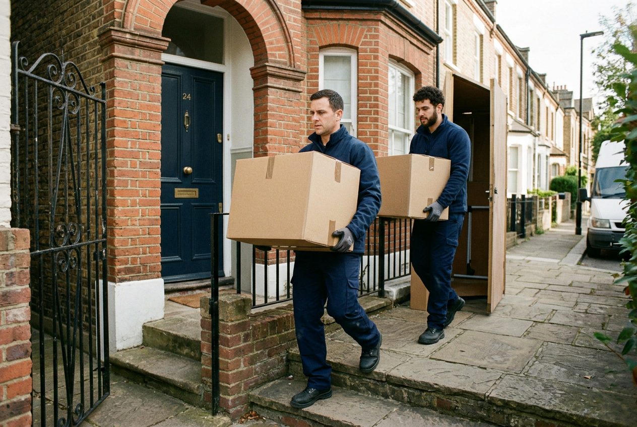 Professional movers carrying boxes from a British terraced home