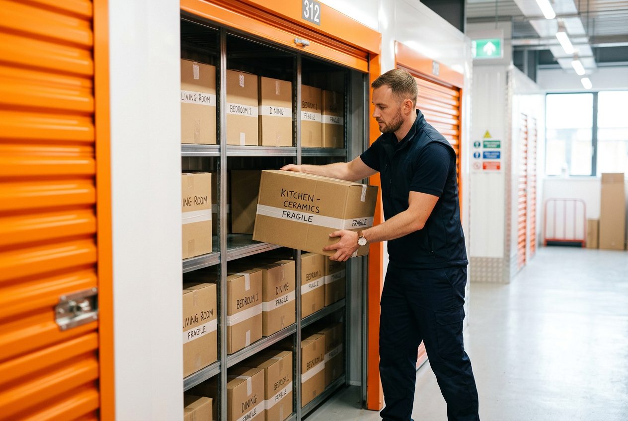 Professional placing labelled boxes in a modern UK storage unit