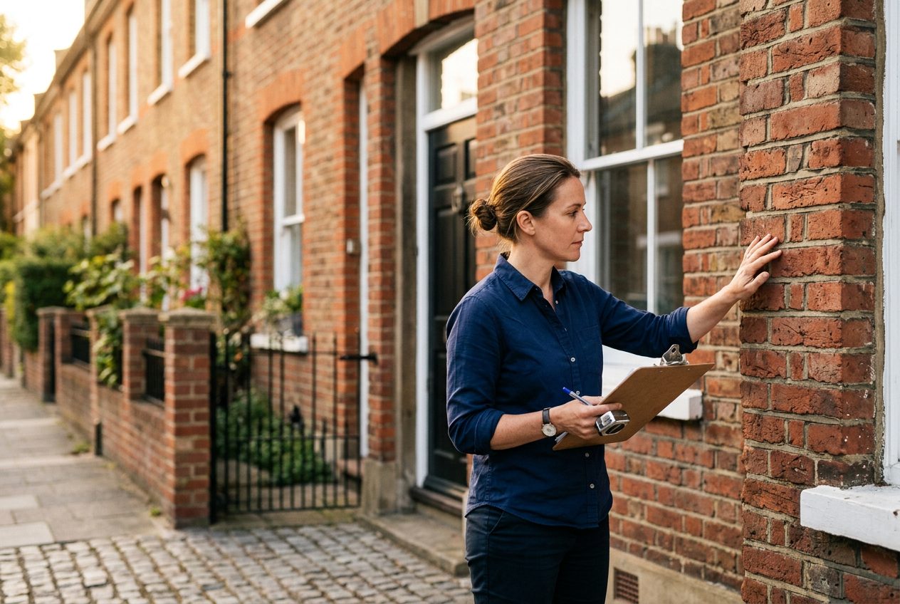Chartered surveyor inspecting a red-brick British home
